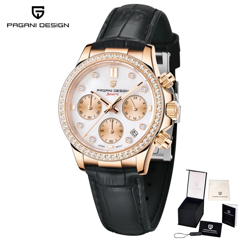 Luxury Watch Design - PAGANI DESIGN นาฬิกาผู้หญิงหรูหราประดับเพชร สายหนังลำลอง ระบบจับเวลา กระจกแซฟไฟร์
