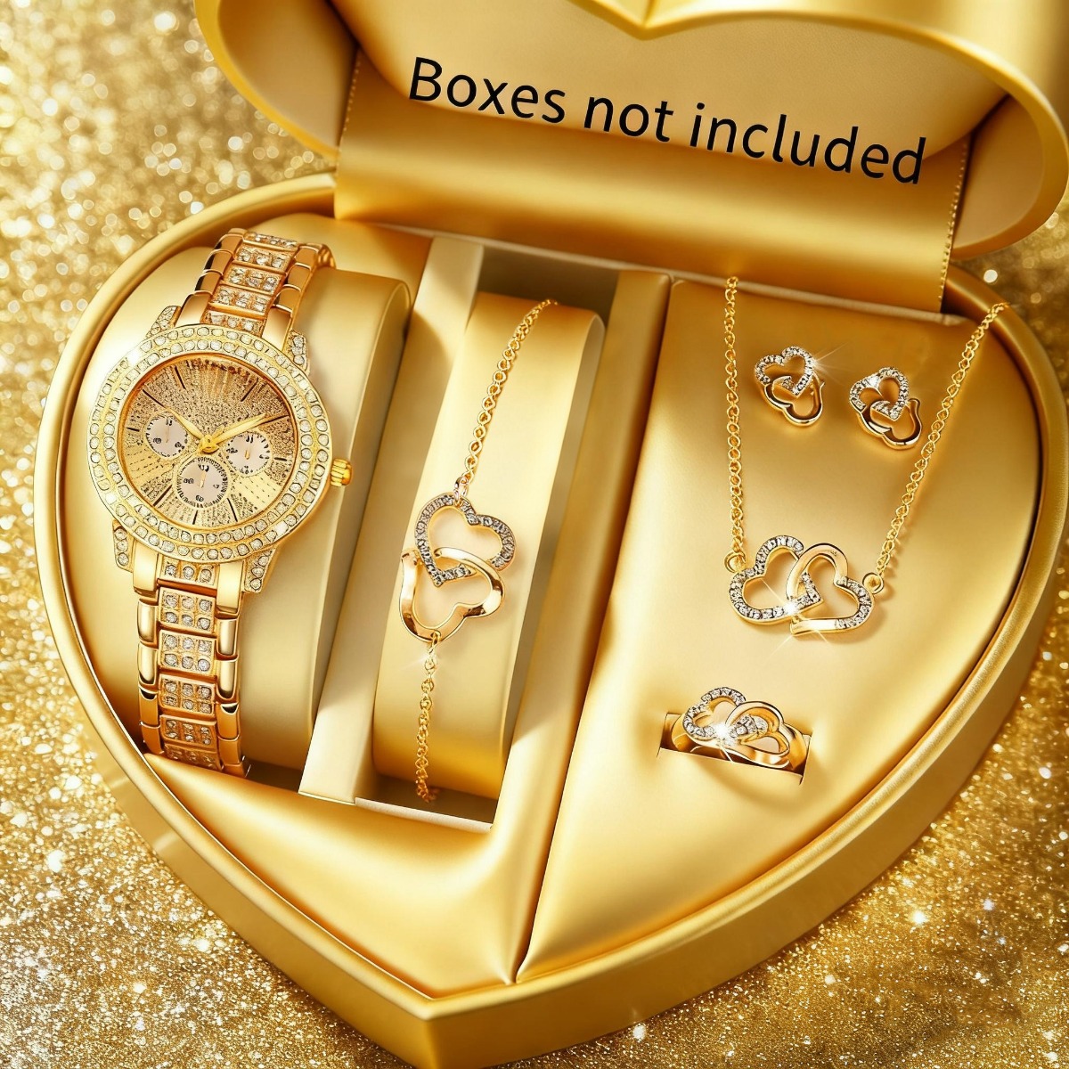Luxury Watch Case Travel - ชุดนาฬิกาข้อมือผู้หญิงหรูหราประดับเพชรเทียม 6 ชิ้น พร้อมสายโลหะผสม แฟชั่น ควอตซ์