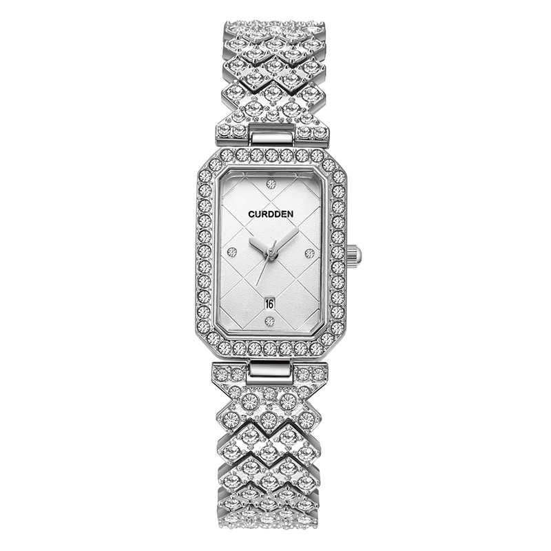Luxury Watch Cartier - นาฬิกาทรงสี่เหลี่ยมแบรนด์ curdden แบบดั้งเดิมสำหรับสุภาพสตรีสายรัดอัลลอยด์แบบลำลองประดับเพชรนาฬิกาควอตซ์หรูหราสีเงิน