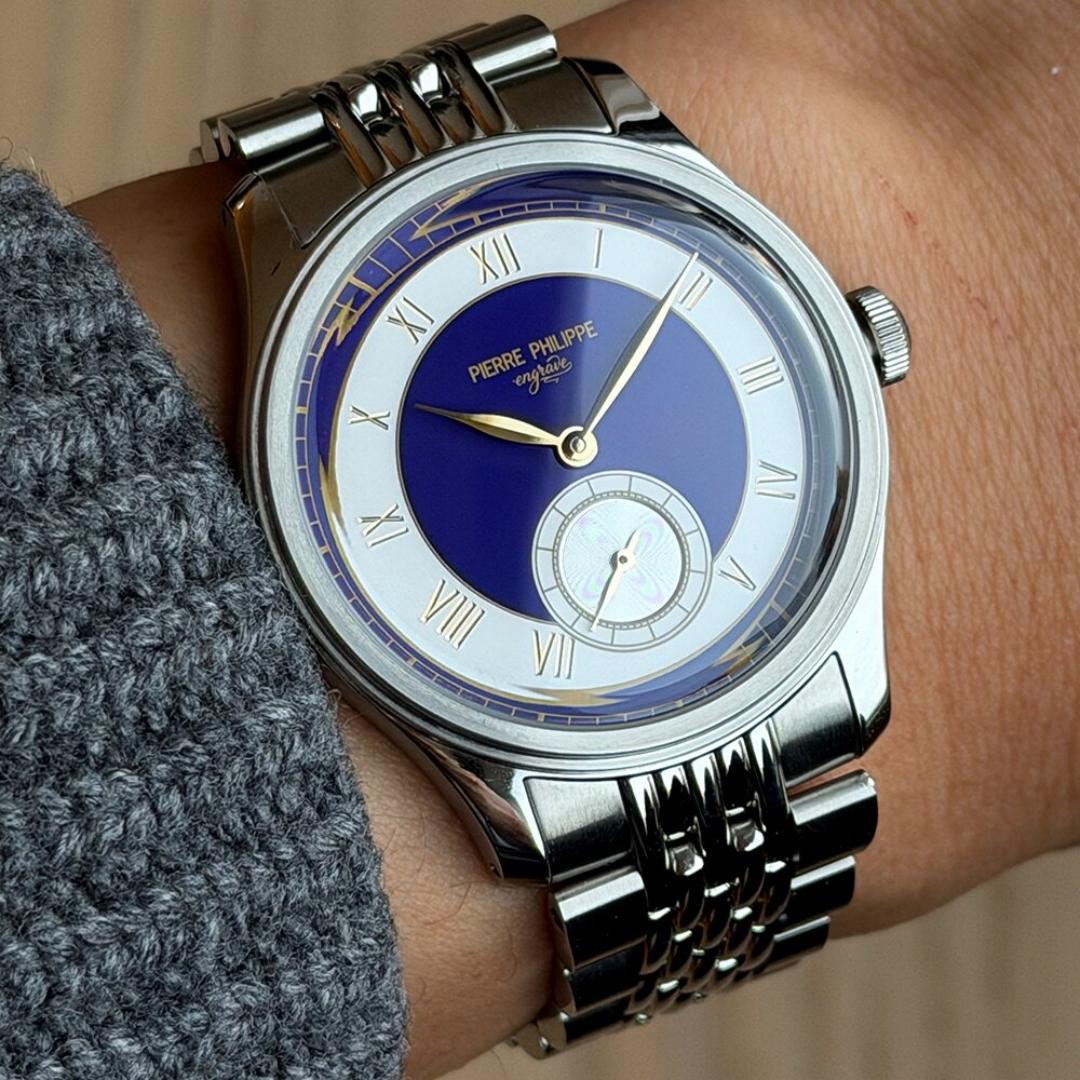 Guilloché Dial Watch - นาฬิกาข้อมือผู้ชายแบบไขลานสไตล์วินเทจ หน้าปัดเคลือบสีม่วงพร้อมตัวบอกเวลาแบบสลัก ตัวเลขโรมัน นาฬิกาจักรกล