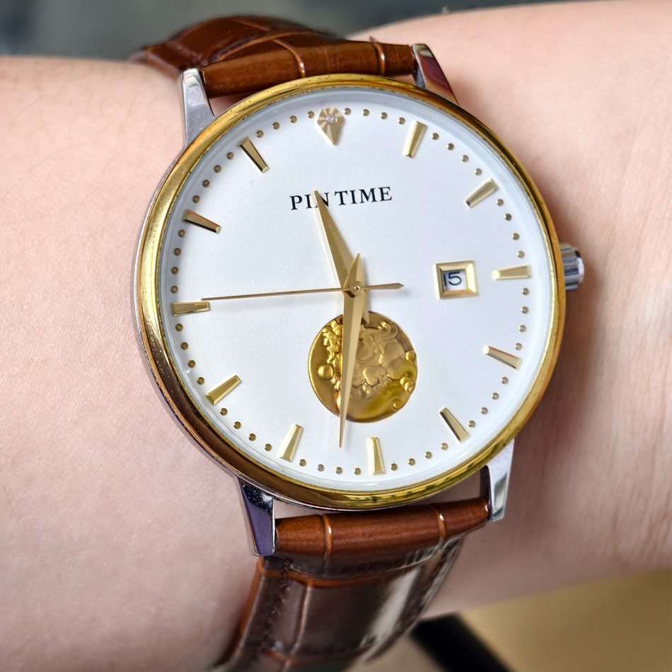 Luxury Watch On Sale - ลดราคา นาฬิกาข้อมือผู้ชาย ระบบออโตเมติก ดีไซน์หรูหรา สายหนังแท้ หน้าปัดสีทอง