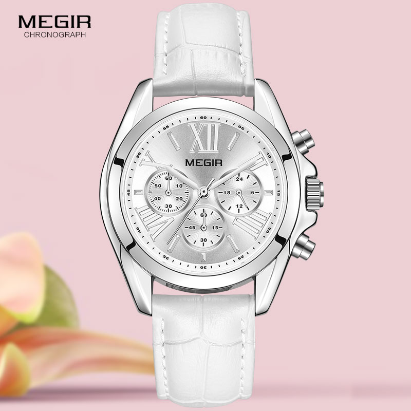Luxury Watch Brand For Women - MEGIR2019 ใหม่หรูหราหนังนาฬิกาผู้หญิงหญิงTOPยี่ห้อChronographควอตซ์นาฬิกาข้อมือผู้หญิงRelogios Femininosนาฬิกา 2114 สีขาว