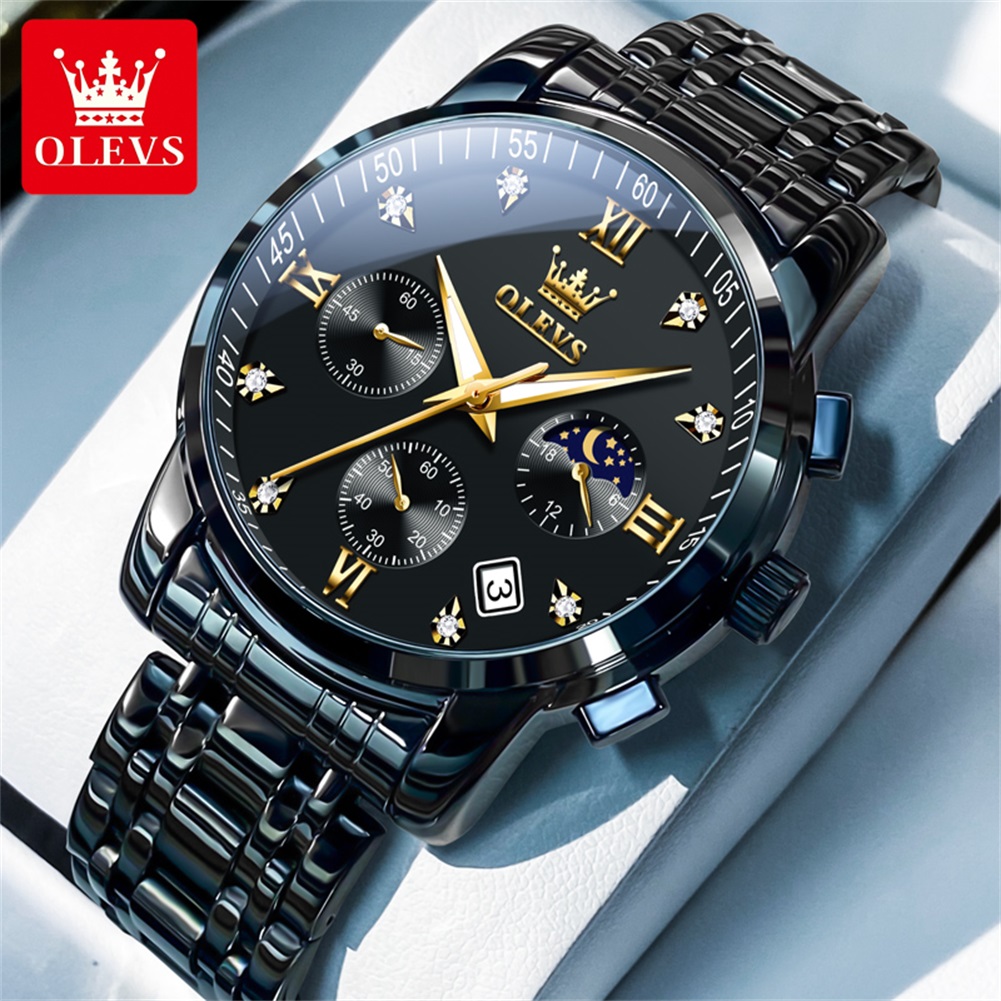 Luxury Watch Black - OLEVS นาฬิกาผู้ชายยอดนิยมสแตนเลสสีดำมูนเฟสโครโนกราฟนาฬิกาควอทซ์สำหรับผู้ชายวันที่นาฬิกาข้อมือแบรนด์เดิม