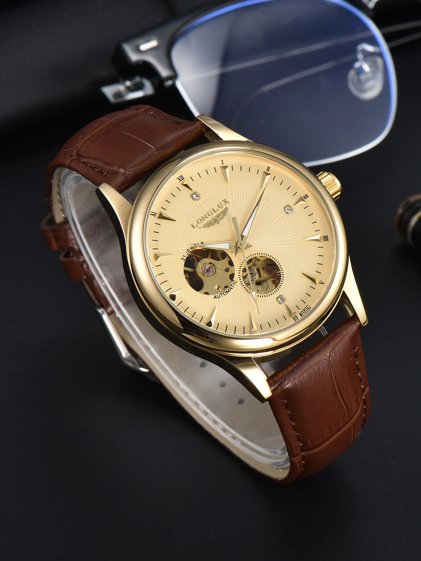 Luxury Watch On Sale - นาฬิกาอัตโนมัติ LONGLUX ดีไซน์หรูหรา นาฬิกาข้อมือจักรกลแบบขายส่ง โครงกระดูก หน้าปัดโรมัน